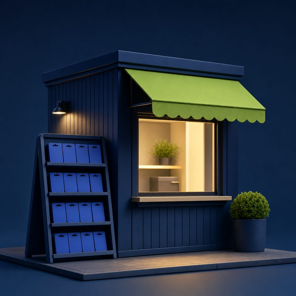 Kiosk mit Regal voller Paysafecards am Abend