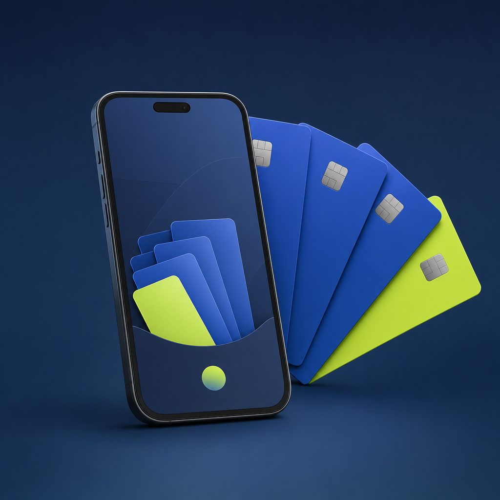 Smartphone mit Wallet-App und gefaecherten Paysafecards